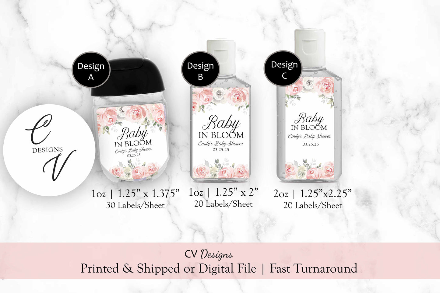 Baby in Bloom Hand Sanitizer Labels, Baby Shower Baby in Bloom Hand Sanitizer Labels
