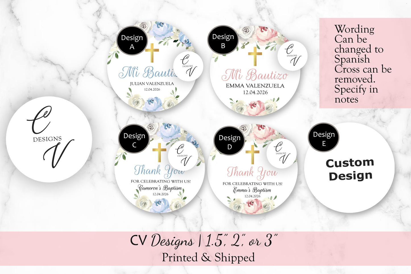 Baptism Blue Pink Any Occasion Stickers, 1.5", 2", or 3" Round