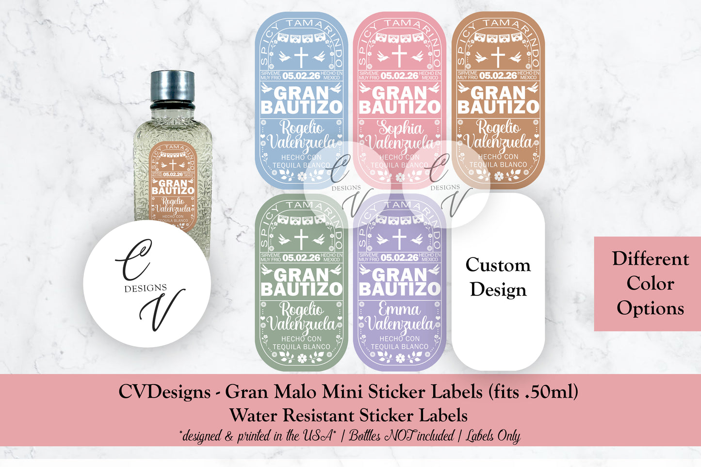 Baptism Custom Gran Malo Tequila Mini Bottle Labels only