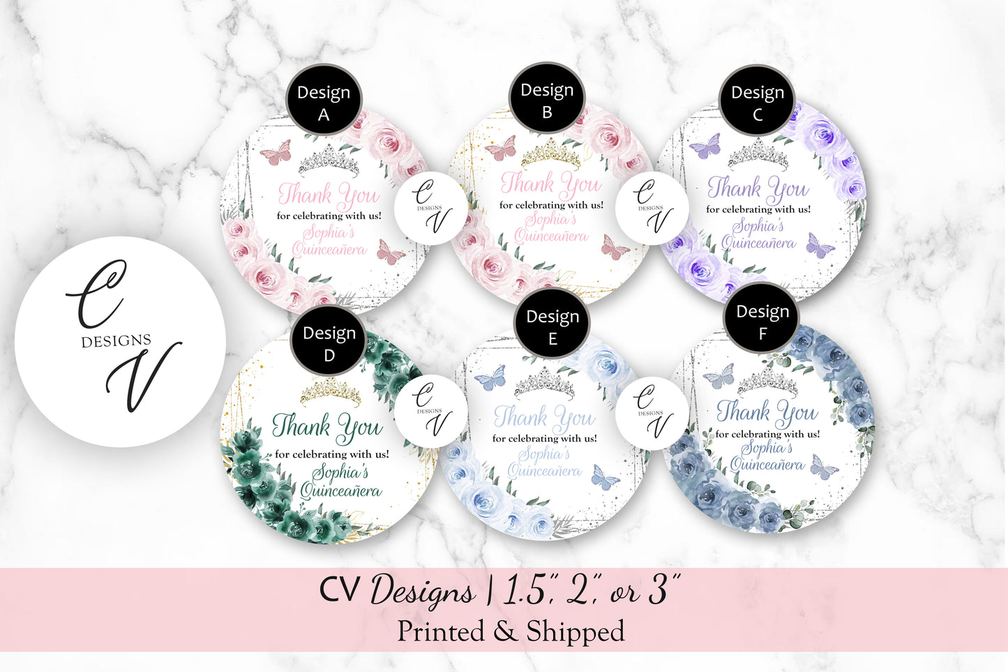Quinceanera Sweet Sixteen Stickers, 1.5", 2", or 3" Round