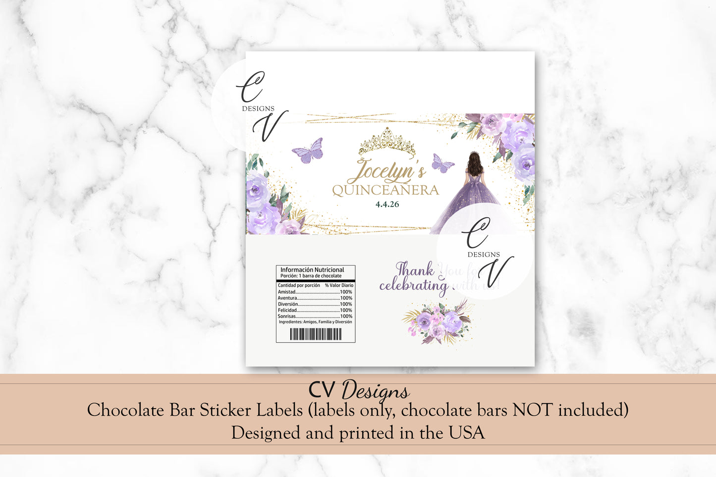 Quinceanera Custom Design Chocolate Bar Labels